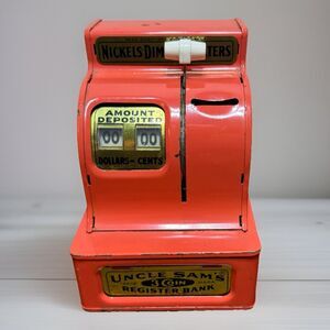 Vintage Uncle Sam’s 3 Coin Red Orange Metal Counting Register Bank - Works !